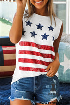White vintage stars and stripes printed casual tank top - tank tops