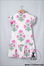 White wild floral print scalloped embroidery trim v neck drop waist mini dress - floral dresses