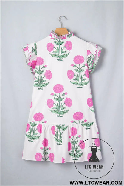 White wild floral print scalloped embroidery trim v neck drop waist mini dress - floral dresses