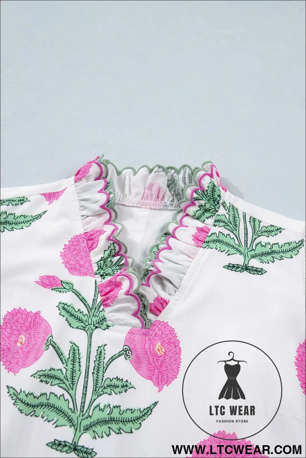 White wild floral print scalloped embroidery trim v neck drop waist mini dress - floral dresses
