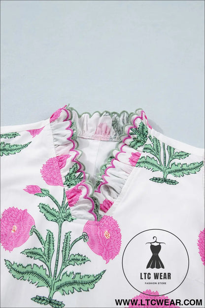 White wild floral print scalloped embroidery trim v neck drop waist mini dress - floral dresses