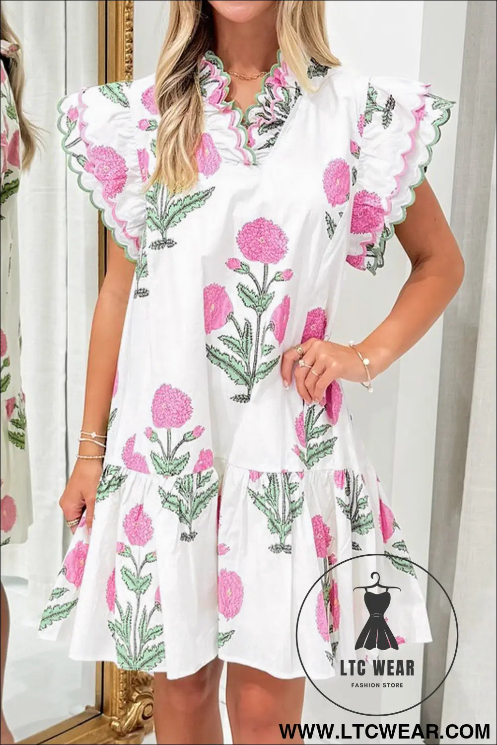 White wild floral print scalloped embroidery trim v neck drop waist mini dress - white / l / 50% viscose + 50% cotton