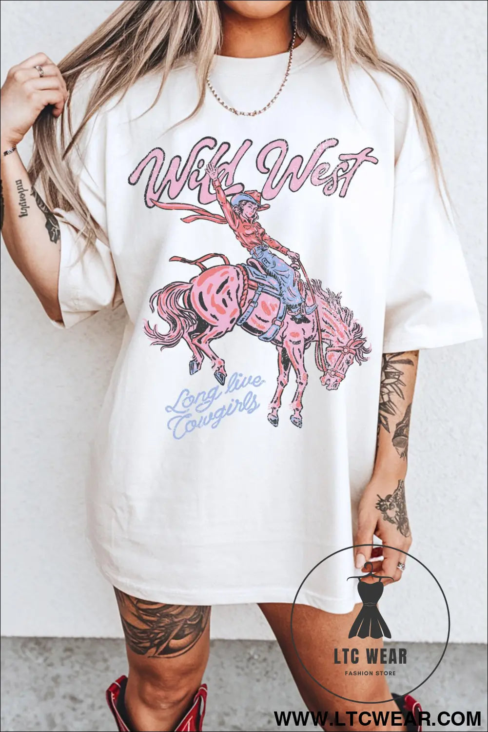 White wild west cowgirl rodeo graphic tunic tee - white / l / 95% cotton + 5% elastane - graphic tees