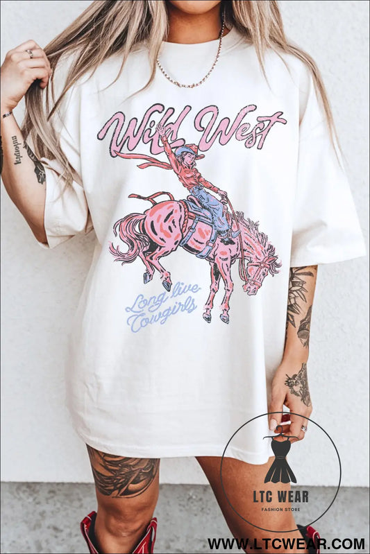 White wild west cowgirl rodeo graphic tunic tee - white / l / 95% cotton + 5% elastane - graphic tees