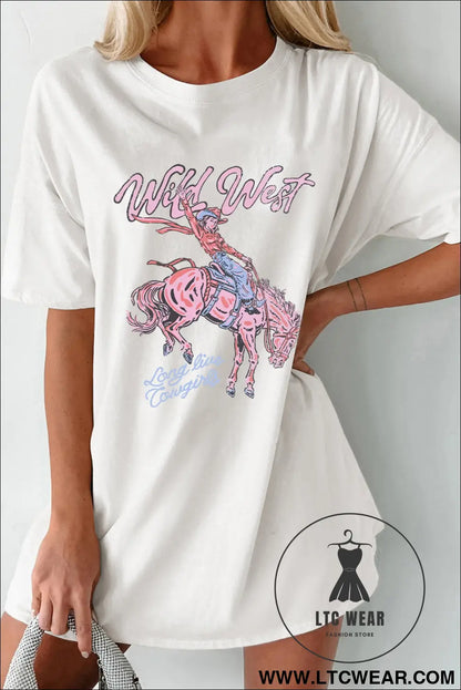 White wild west cowgirl rodeo graphic tunic tee - graphic tees