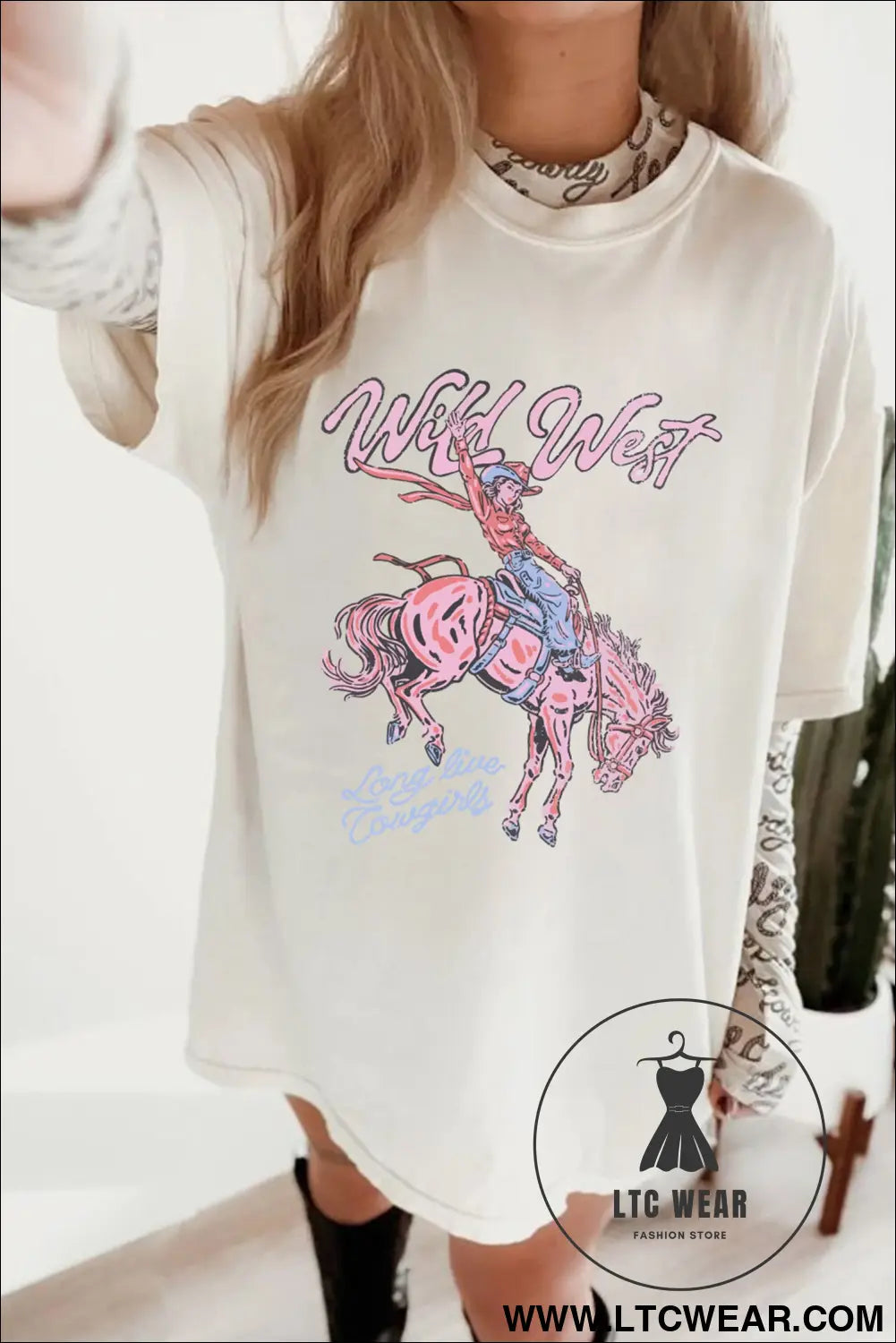 White wild west cowgirl rodeo graphic tunic tee - graphic tees