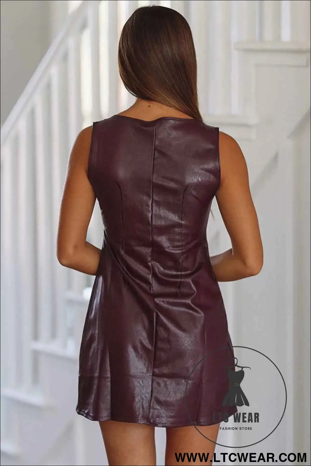Wild Ginger  Faux Leather Sleeveless Round Neck Mini Dress