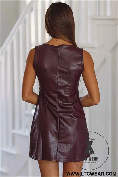 Wild Ginger  Faux Leather Sleeveless Round Neck Mini Dress