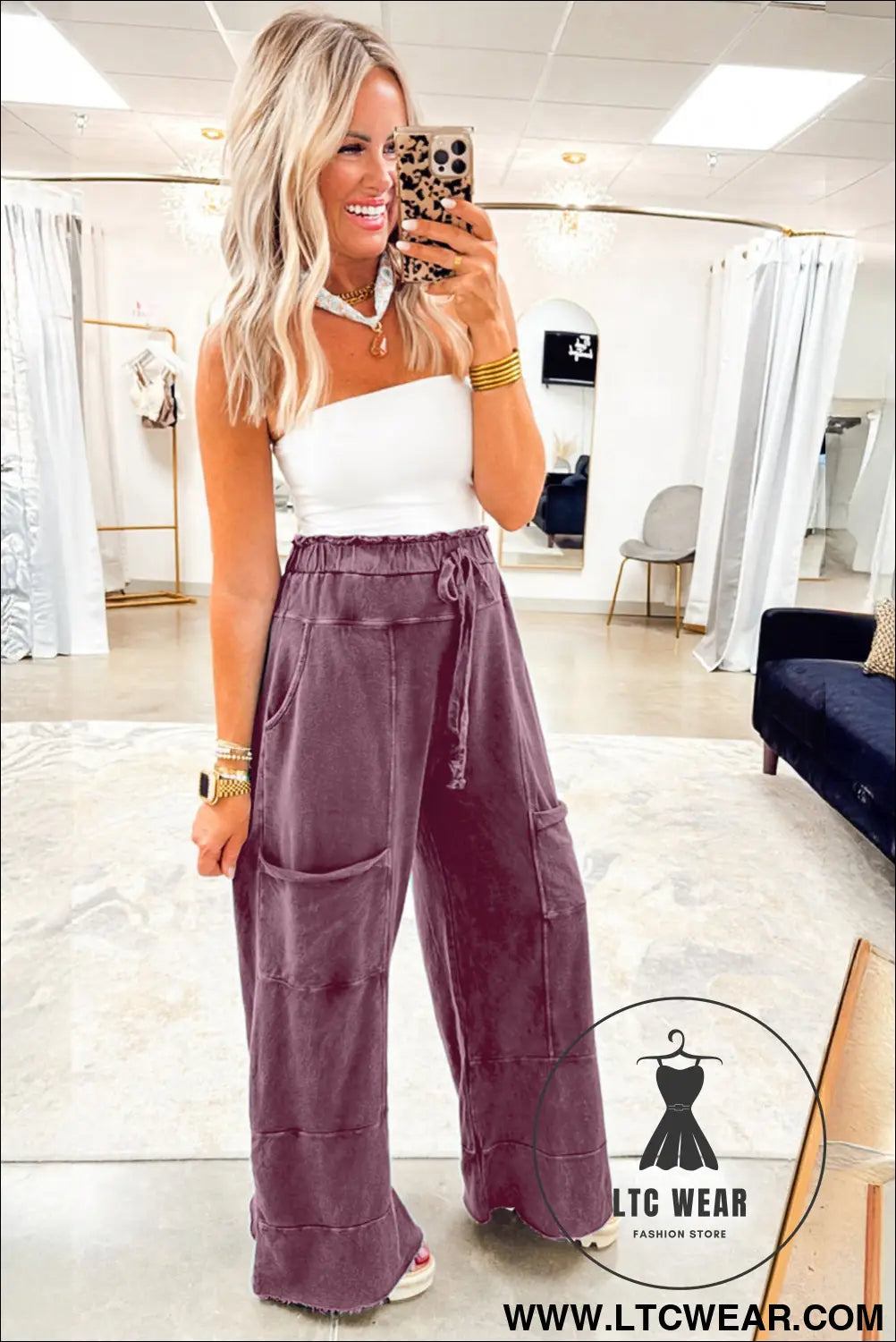Wild ginger mineral wash knot high waist raw hem pants - pants & culotte