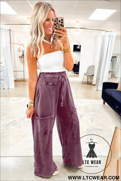 Wild ginger mineral wash knot high waist raw hem pants - pants & culotte