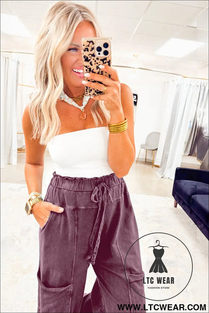 Wild ginger mineral wash knot high waist raw hem pants - pants & culotte