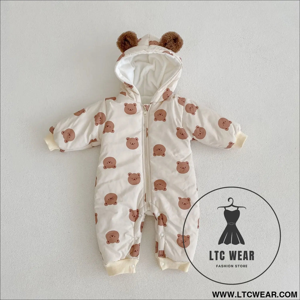 Winter fleece warm bear print hooded long creeping cotton bodysuit infant and toddler boys and girls long creeping