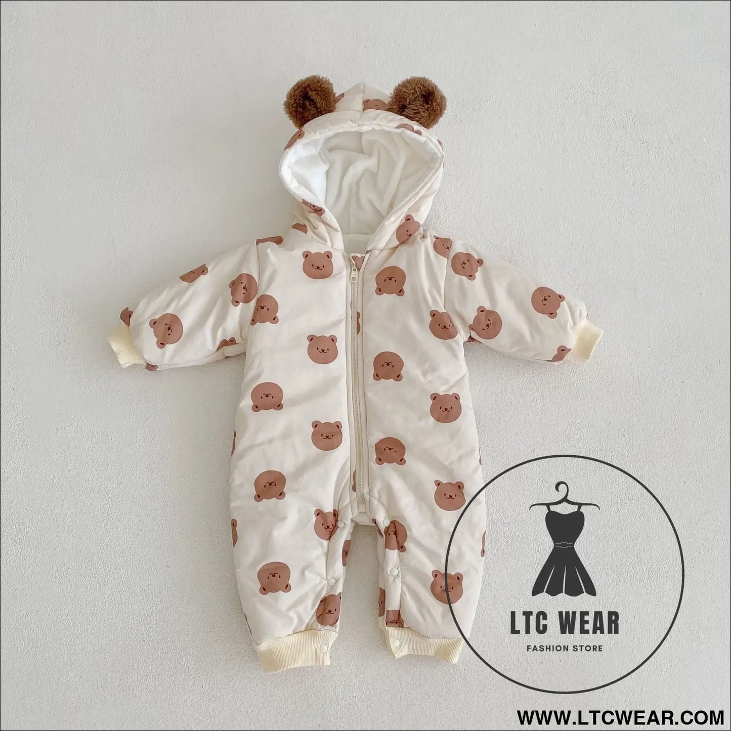Winter fleece warm bear print hooded long creeping cotton bodysuit infant and toddler boys and girls long creeping