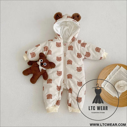 Winter fleece warm bear print hooded long creeping cotton bodysuit infant and toddler boys and girls long creeping