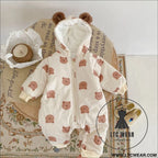 Winter fleece warm bear print hooded long creeping cotton bodysuit infant and toddler boys and girls long creeping