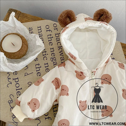 Winter fleece warm bear print hooded long creeping cotton bodysuit infant and toddler boys and girls long creeping