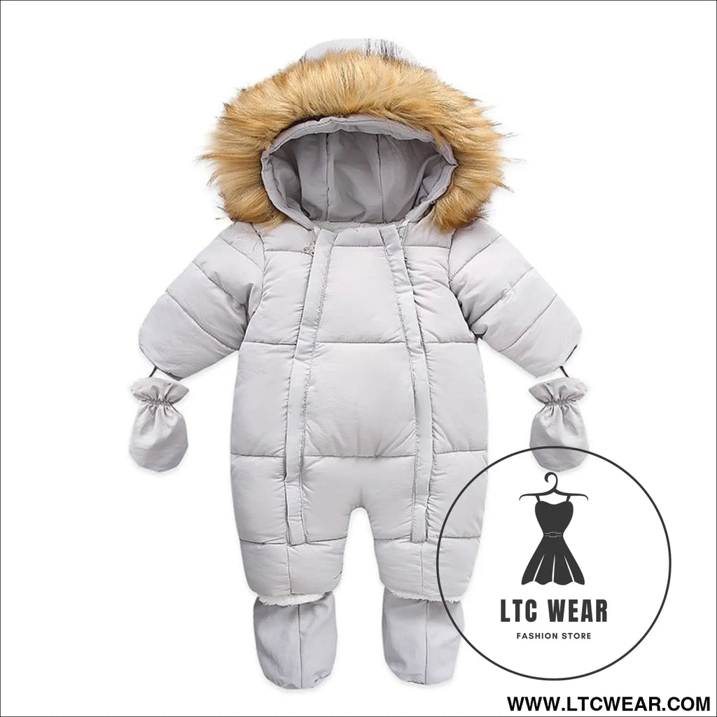 Winter wool collar romper children’s thickened warm baby one-piece suit - grey / 66cm