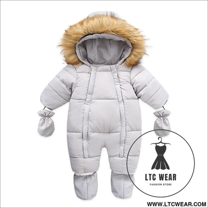 Winter wool collar romper children’s thickened warm baby one-piece suit - grey / 66cm