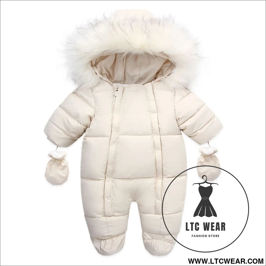 Winter wool collar romper children’s thickened warm baby one-piece suit - beige / 66cm