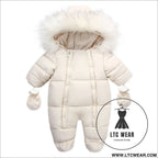 Winter wool collar romper children’s thickened warm baby one-piece suit - beige / 66cm