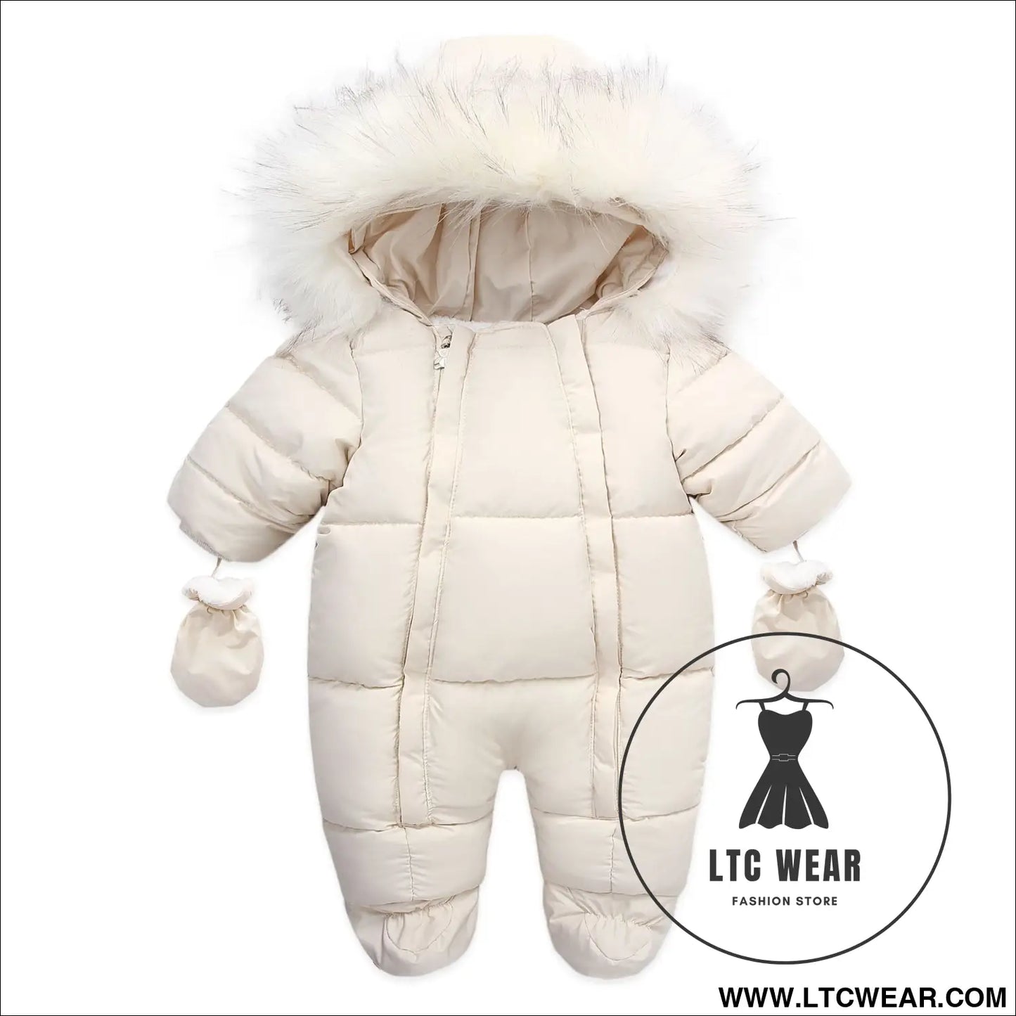 Winter wool collar romper children’s thickened warm baby one-piece suit - beige / 66cm