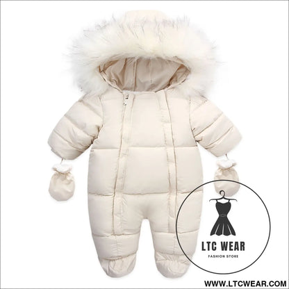 Winter wool collar romper children’s thickened warm baby one-piece suit - beige / 66cm