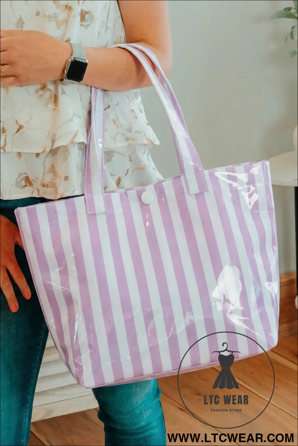 Wisteria glossy striped vinyl large tote bag - wisteria / one size / 95% pu + 5% alloy - handbags