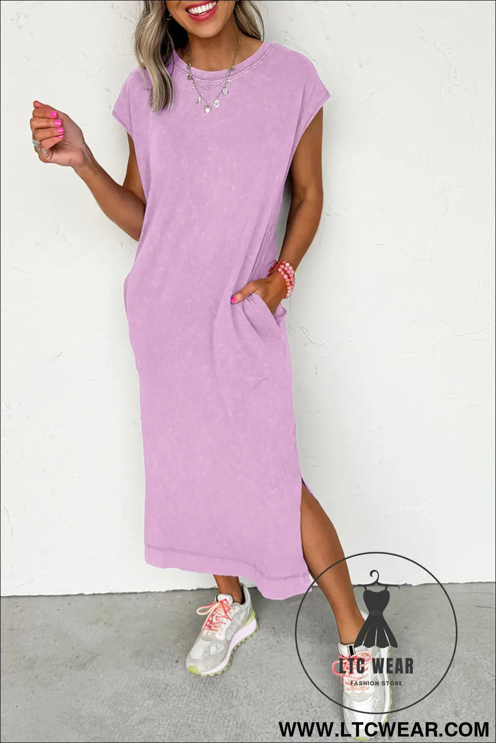 Wisteria mineral wash pocketed t-shirt dress - midi dresses