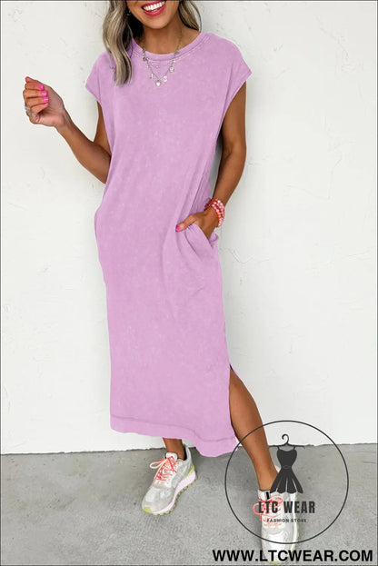 Wisteria mineral wash pocketed t-shirt dress - midi dresses