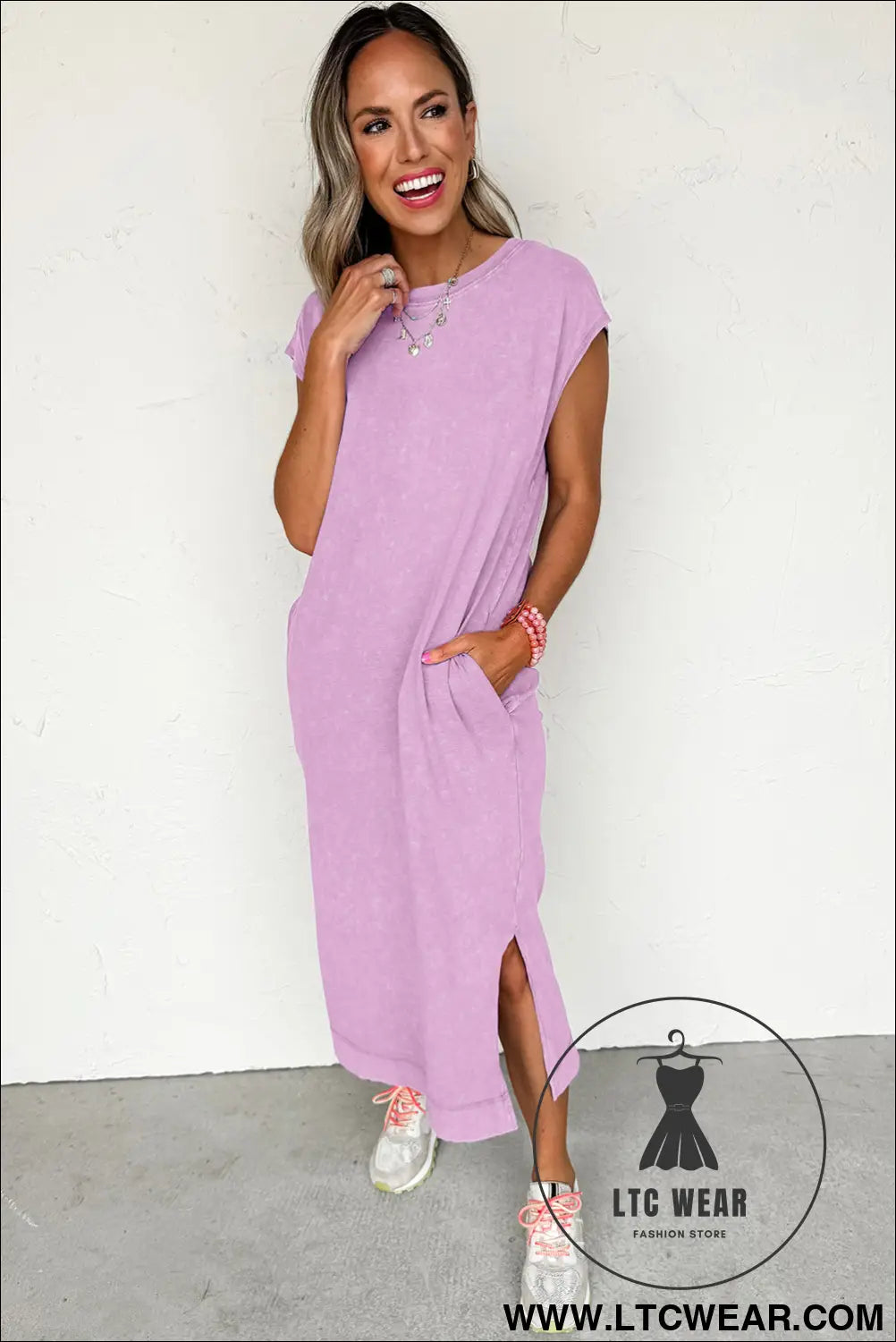 Wisteria mineral wash pocketed t-shirt dress - midi dresses
