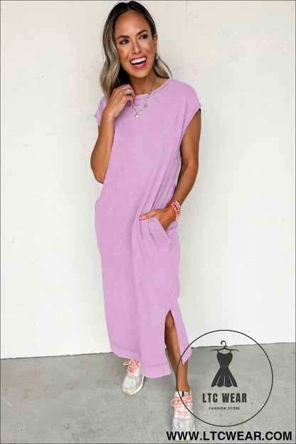 Wisteria mineral wash pocketed t-shirt dress - midi dresses