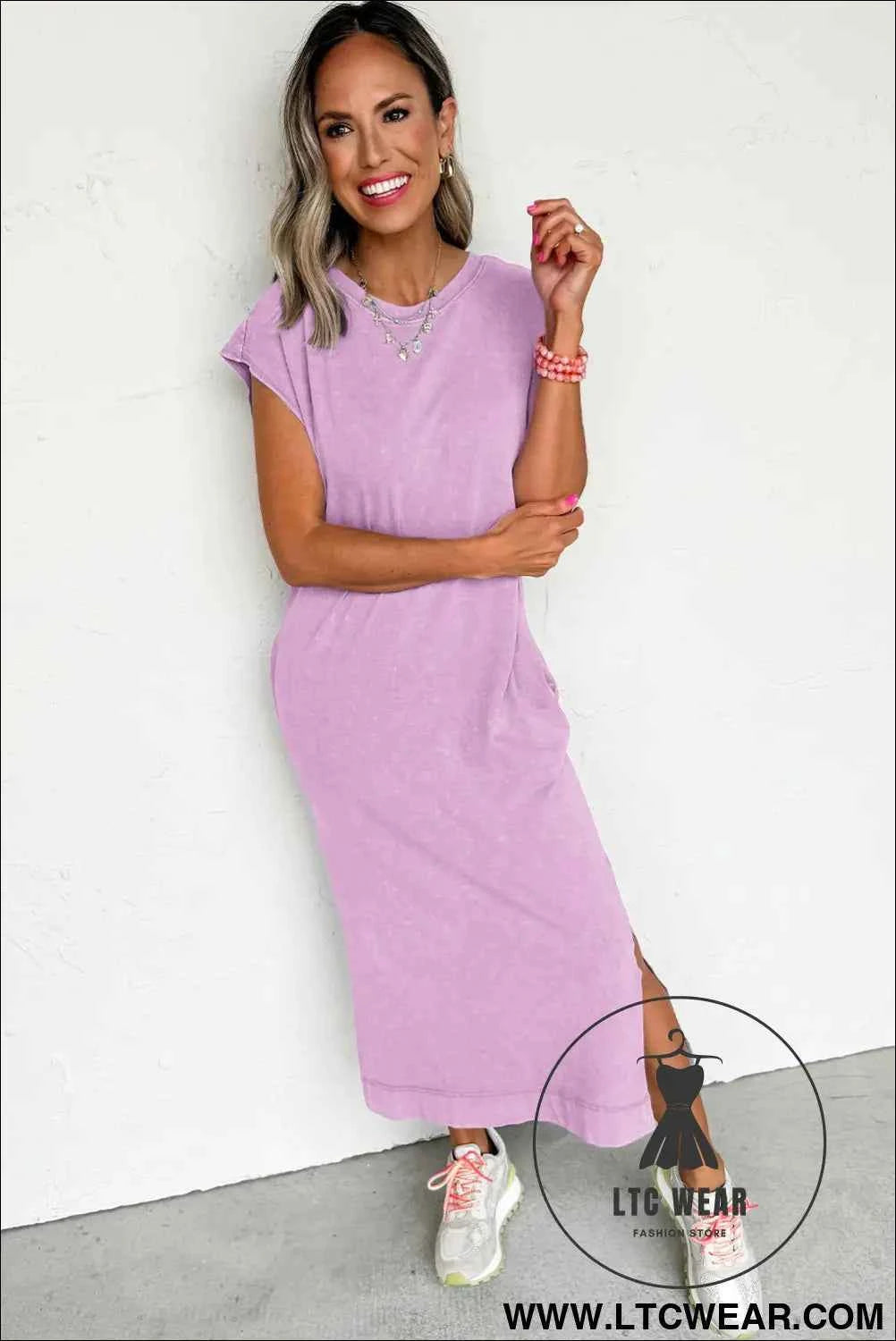 Wisteria Mineral Wash Pocketed T-shirt Long Dress