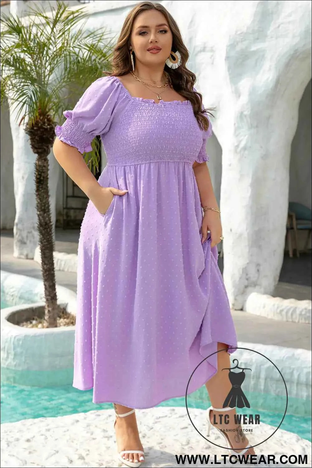 Wisteria Swiss Dot Smocked Frilled Neckline Short Sleeve Plus Size Dress