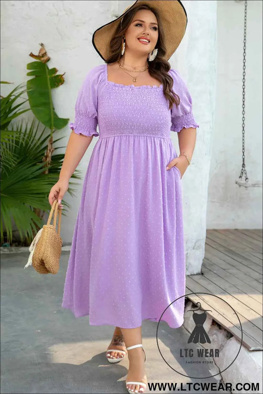 Wisteria Swiss Dot Smocked Frilled Neckline Short Sleeve Plus Size Dress