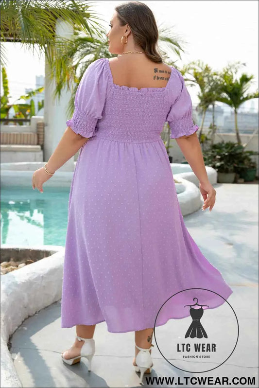 Wisteria Swiss Dot Smocked Frilled Neckline Short Sleeve Plus Size Dress