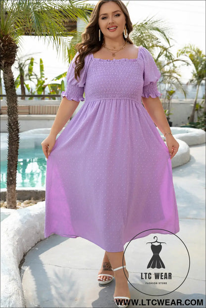 Wisteria Swiss Dot Smocked Frilled Neckline Short Sleeve Plus Size Dress - L.T.C Wear Online Fashion Store