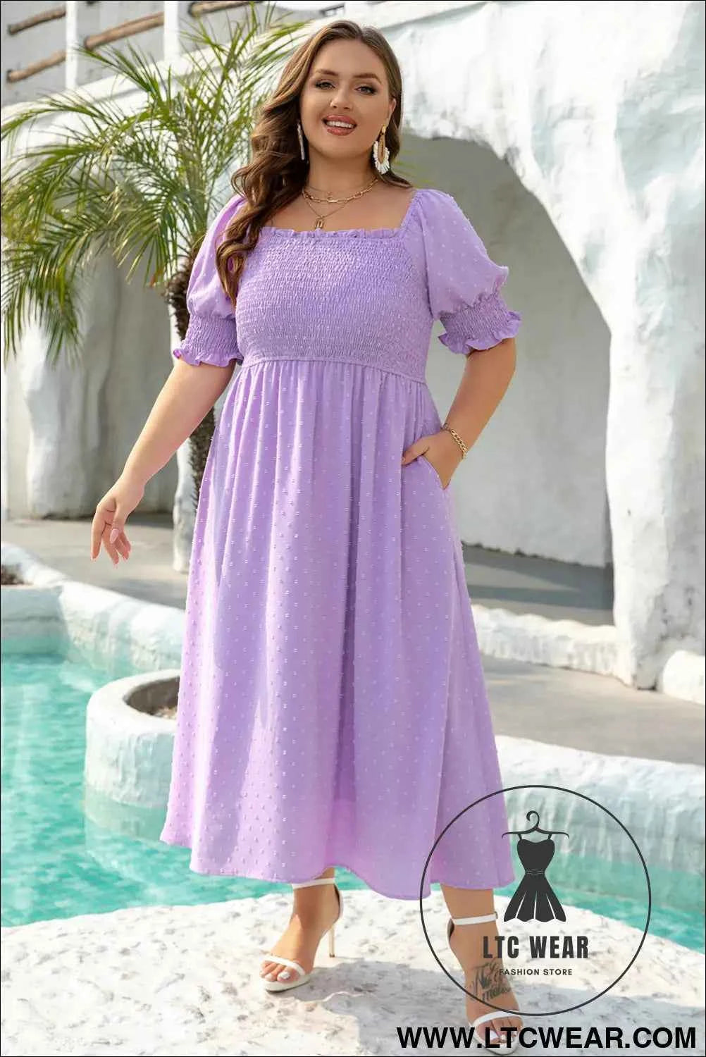 Wisteria Swiss Dot Smocked Frilled Neckline Short Sleeve Plus Size Dress