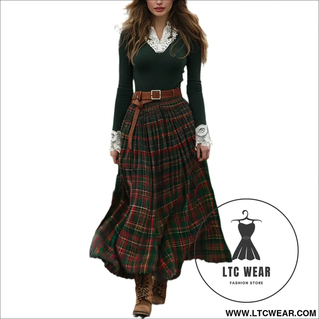 Women’s autumn/winter plaid maxi dress vintage v-neck long sleeve country style dress