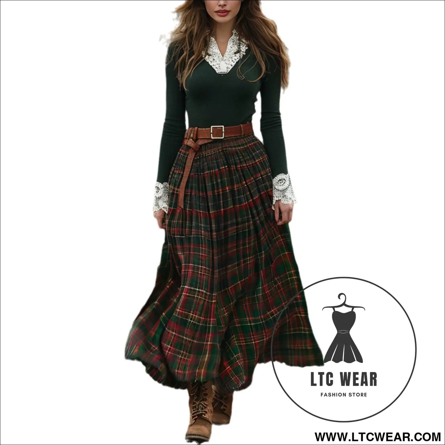 Women’s autumn/winter plaid maxi dress vintage v-neck long sleeve country style dress