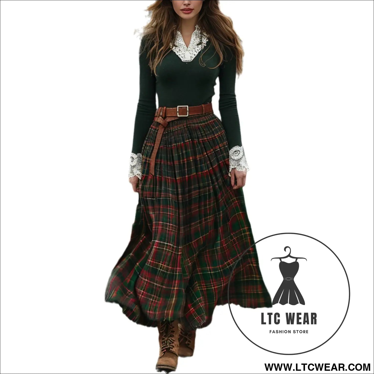 Women’s autumn/winter plaid maxi dress vintage v-neck long sleeve country style dress