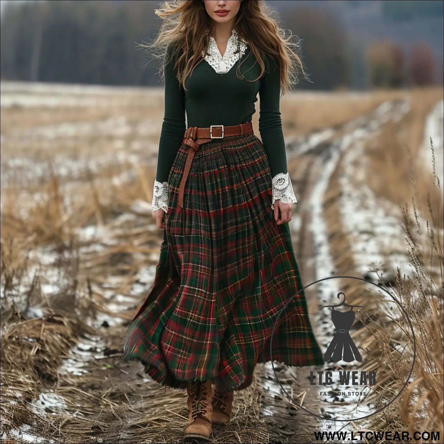 Women’s autumn/winter plaid maxi dress vintage v-neck long sleeve country style dress - green / s