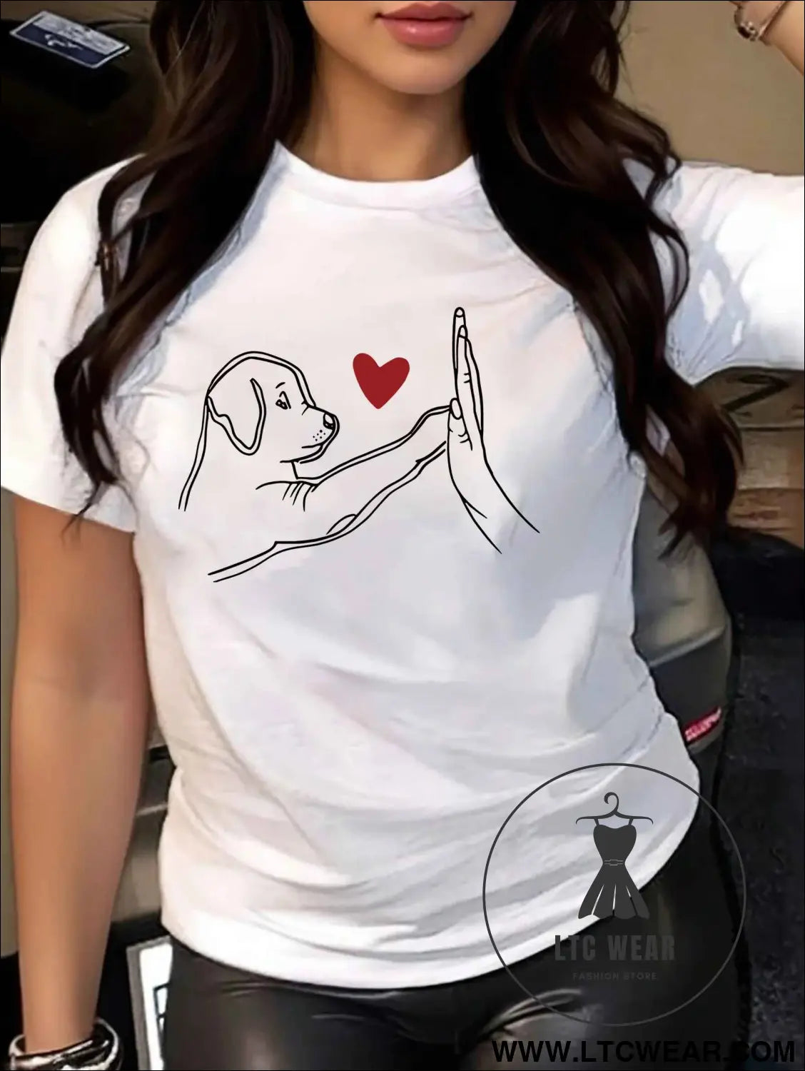 Womens Dog Heart Print Casual Short Sleeve Tee
