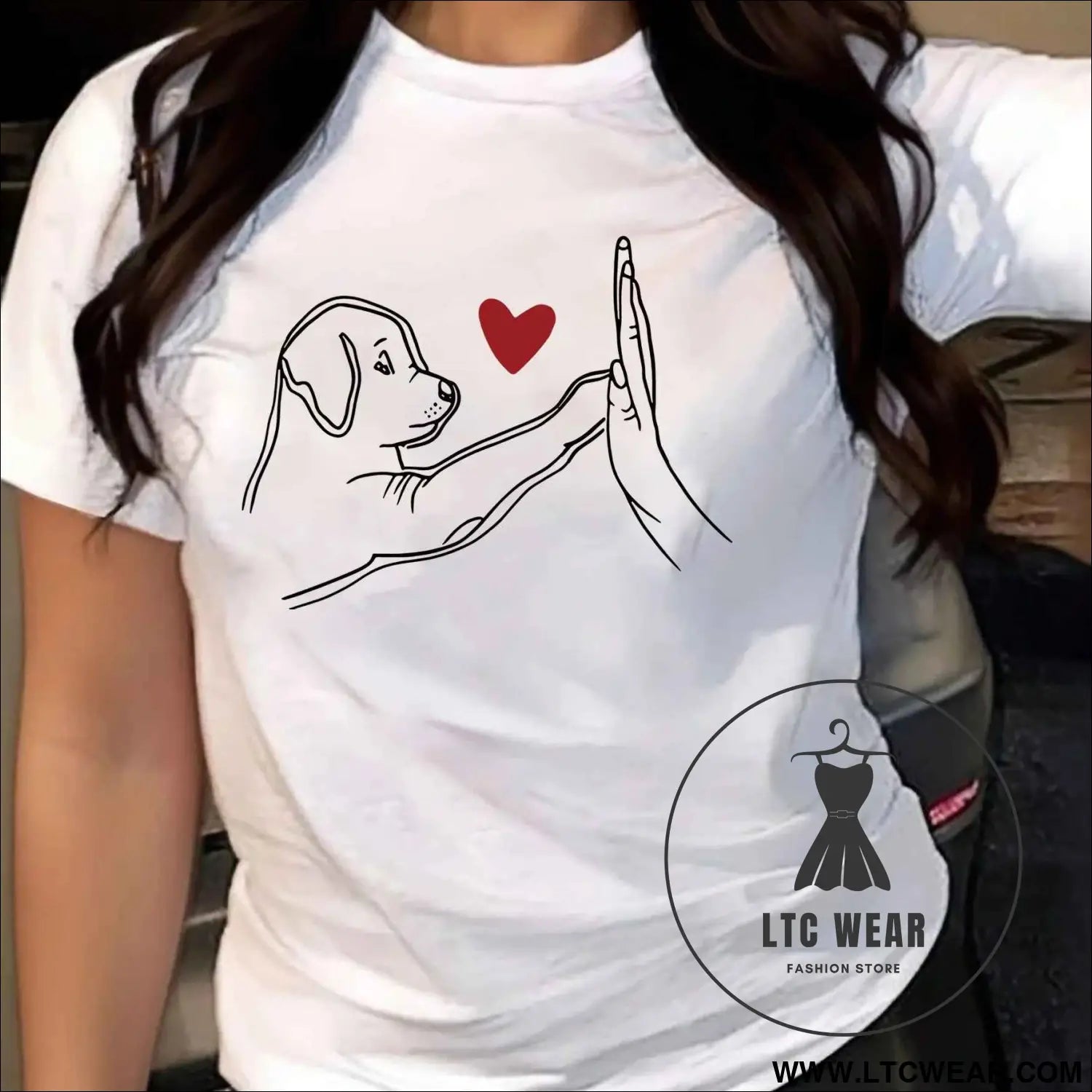 Womens Dog Heart Print Casual Short Sleeve Tee