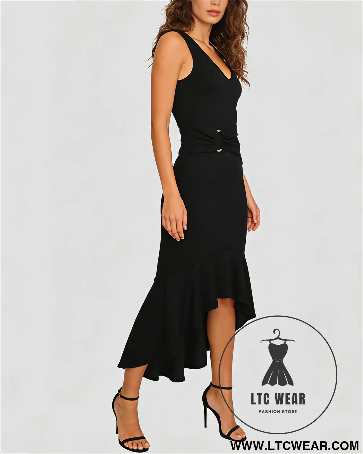 Women's Fashionable Elastic V-Neck Metal Buckle Decoration Waist Pleated Elegant Fishtail Dress - L.T.C Wear Online Fashion Store