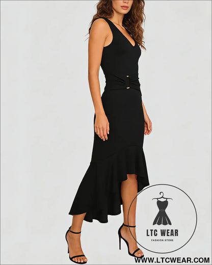 Women's Fashionable Elastic V-Neck Metal Buckle Decoration Waist Pleated Elegant Fishtail Dress - L.T.C Wear Online Fashion Store