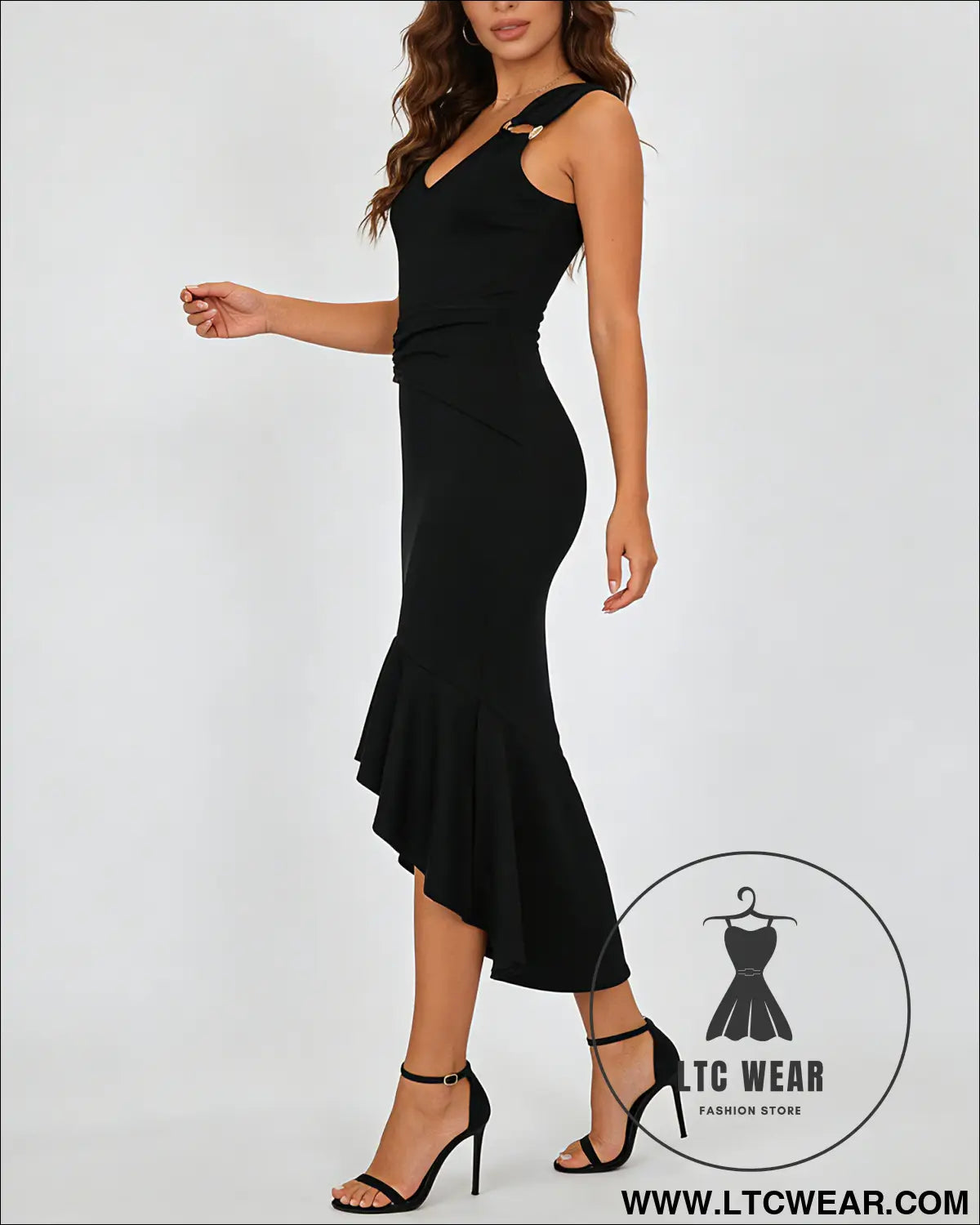 Women's Fashionable Elastic V-Neck Metal Buckle Decoration Waist Pleated Elegant Fishtail Dress - L.T.C Wear Online Fashion Store