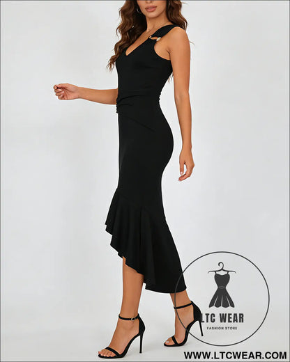 Women's Fashionable Elastic V-Neck Metal Buckle Decoration Waist Pleated Elegant Fishtail Dress - L.T.C Wear Online Fashion Store