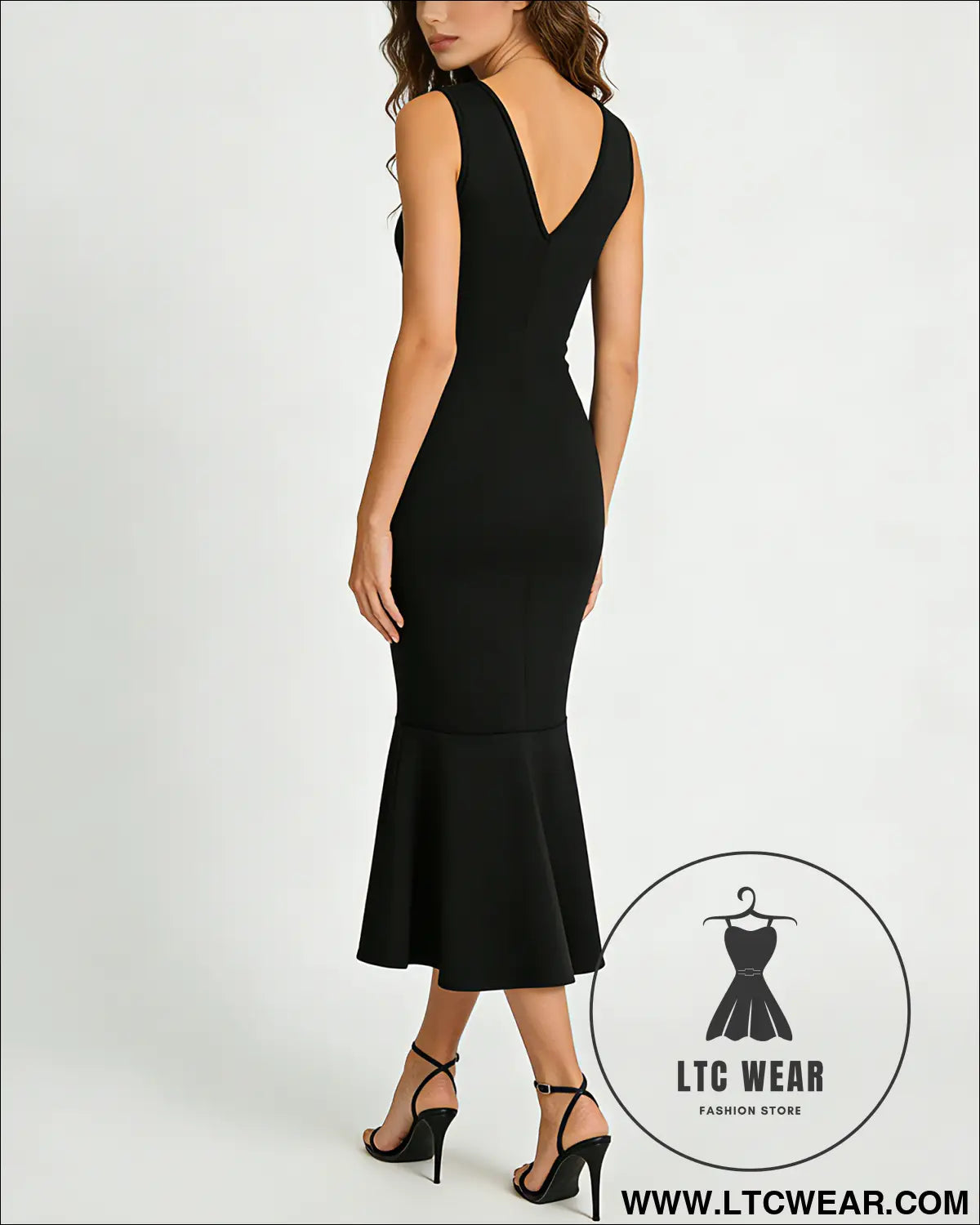Women's Fashionable Elastic V-Neck Metal Buckle Decoration Waist Pleated Elegant Fishtail Dress - L.T.C Wear Online Fashion Store