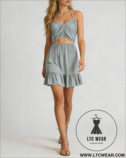 Women's fashionable V-neck cutout waist gathered back halter neck dress - L.T.C Wear Online Fashion Store