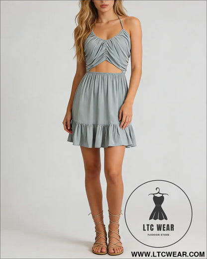Women's fashionable V-neck cutout waist gathered back halter neck dress - L.T.C Wear Online Fashion Store